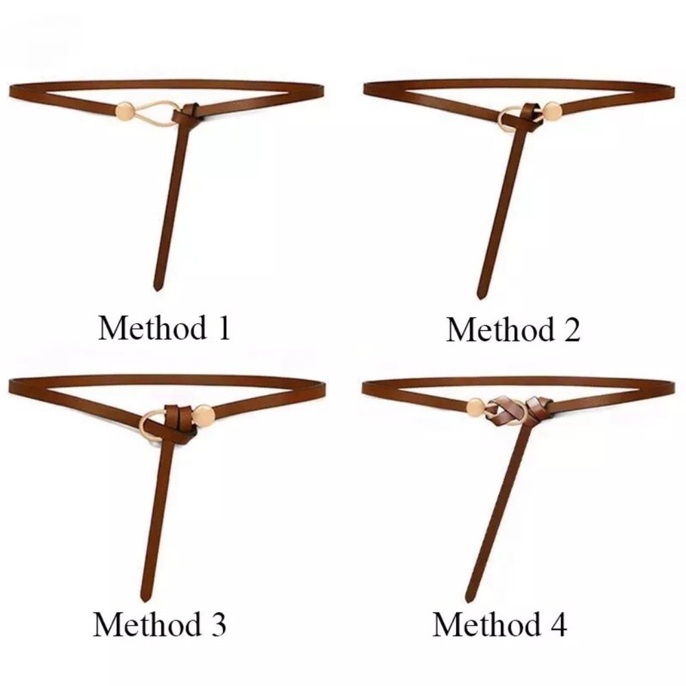 NEW Women’s Adjustable Self Tie Knot Brushed Gold Buckle Thin Faux Leather Belt - Picture 5 of 12
